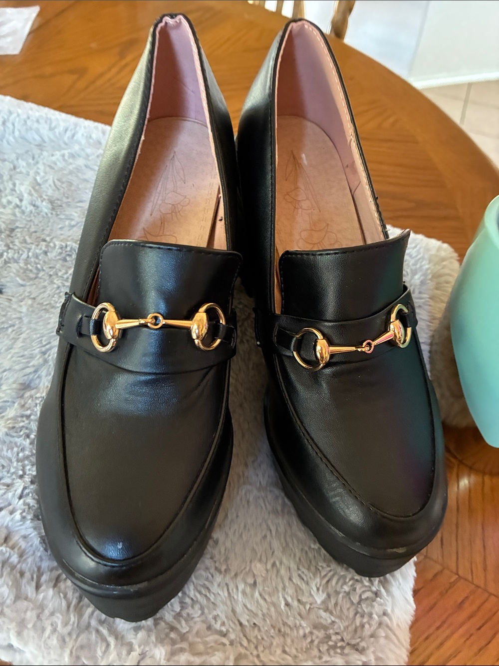 Black Leather Platform Loafers with Gold Bit Hardware - Women's